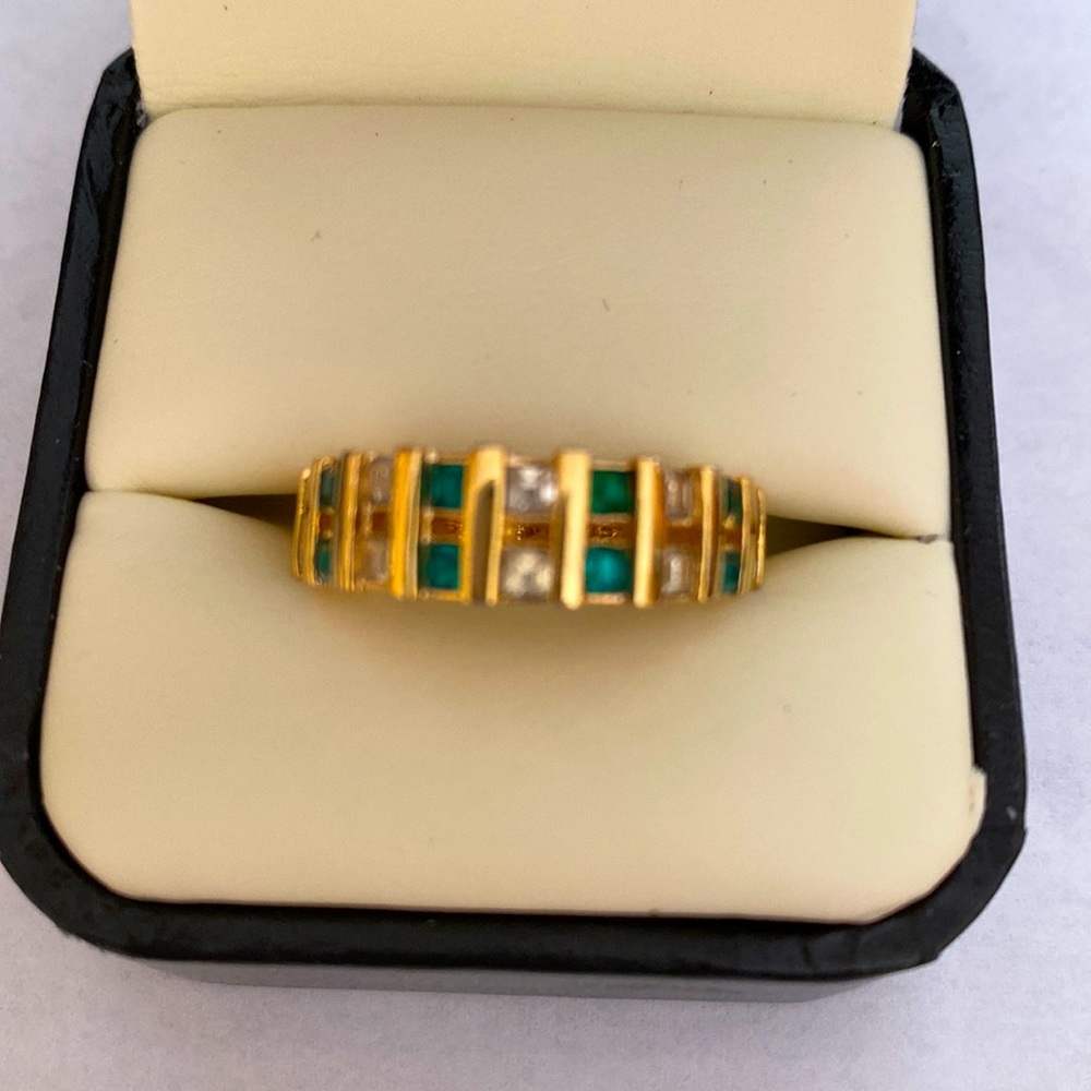 Gold plated ring with green stones Size 7.5